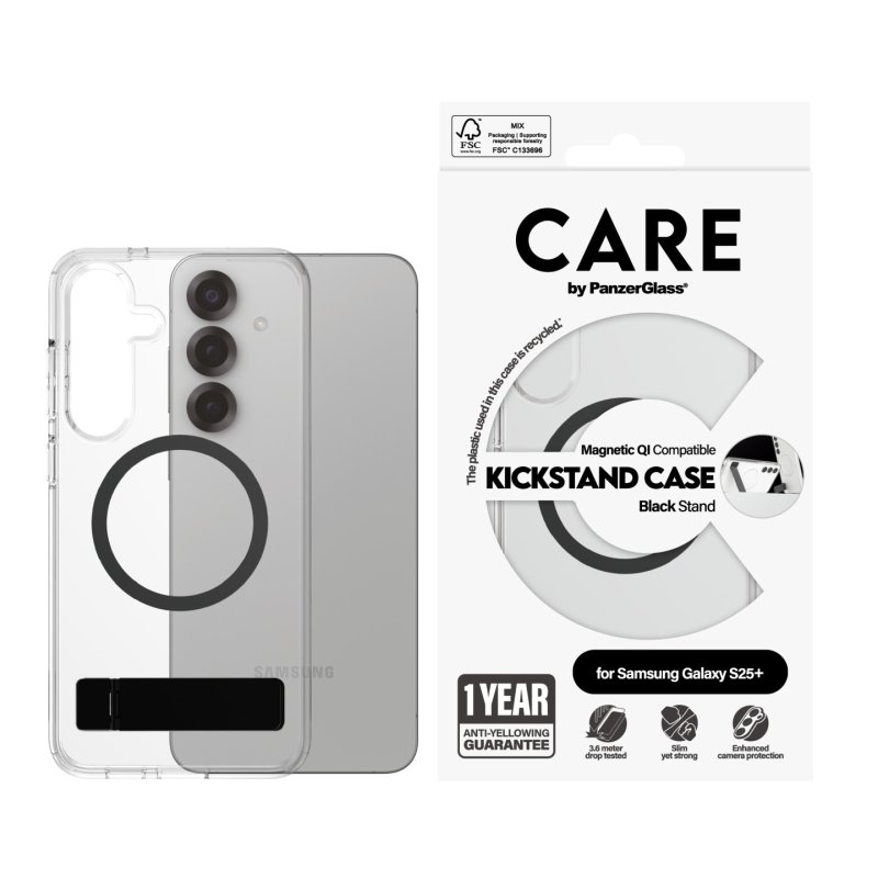PanzerGlass CARE by Feature Case Transparent w. Black Kickstand & Qi Compatible Samsung Galaxy S25 
