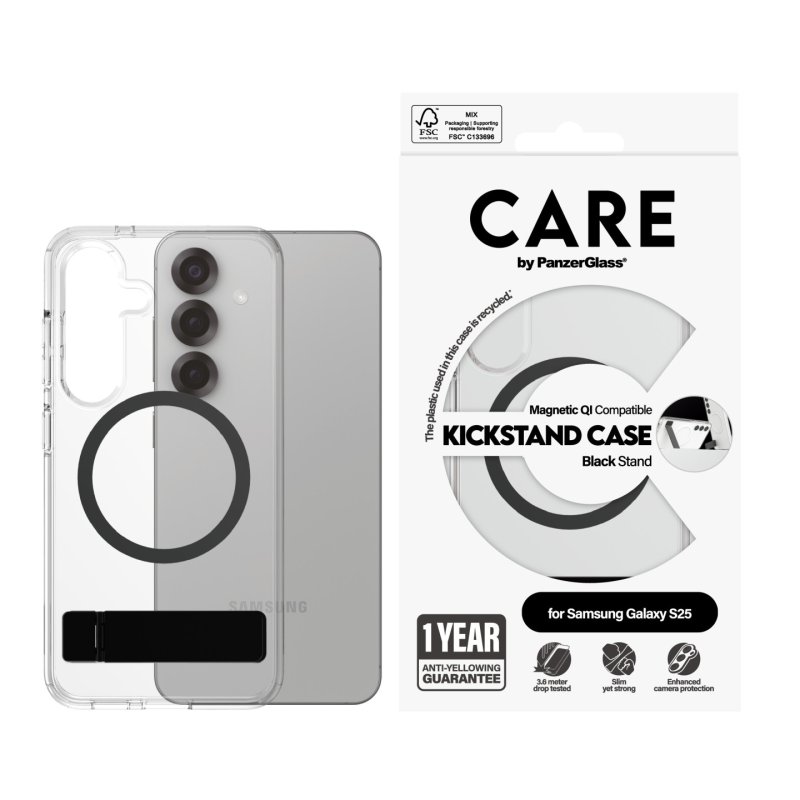 PanzerGlass CARE by Feature Case Transparent w. Black Kickstand & Qi Compatible Samsung Galaxy S25