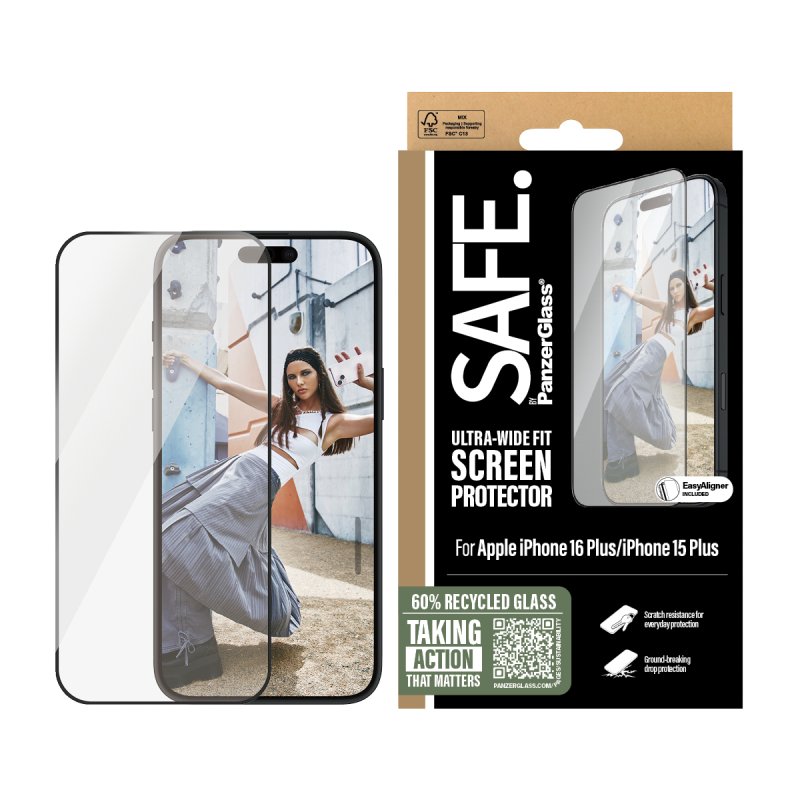 PanzerGlass SAFE. by Screen Protection w. Black Frame iPhone 16 Plus | 15 Plus | Ultra-Wide Fit Protection d'écran