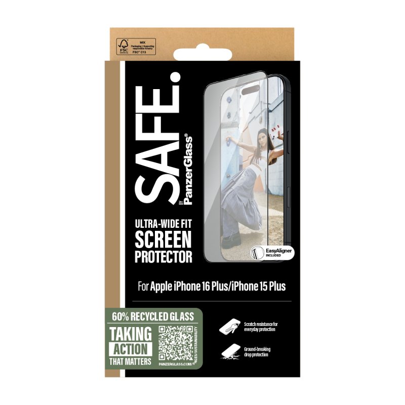 PanzerGlass SAFE. by Screen Protection w. Black Frame iPhone 16 Plus | 15 Plus | Ultra-Wide Fit