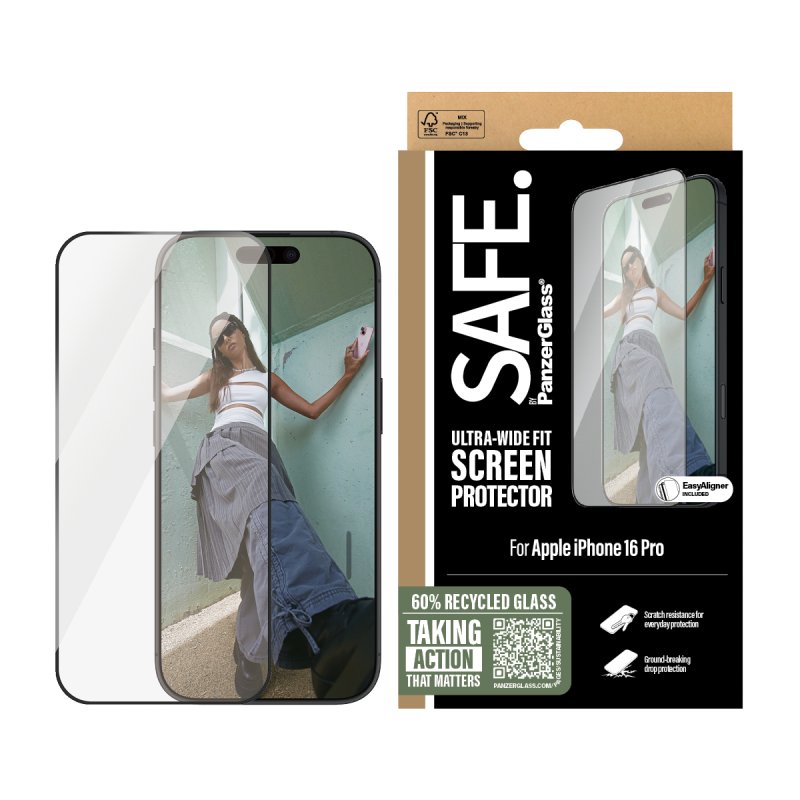 PanzerGlass SAFE. by Screen Protection w. Black Frame iPhone 16 Pro | Ultra-Wide Fit