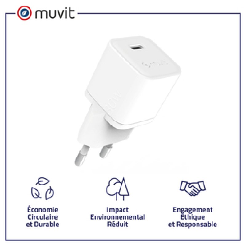 CHARGEUR SECTEUR GAN 30W USB-C BIOSOURCE BLANC