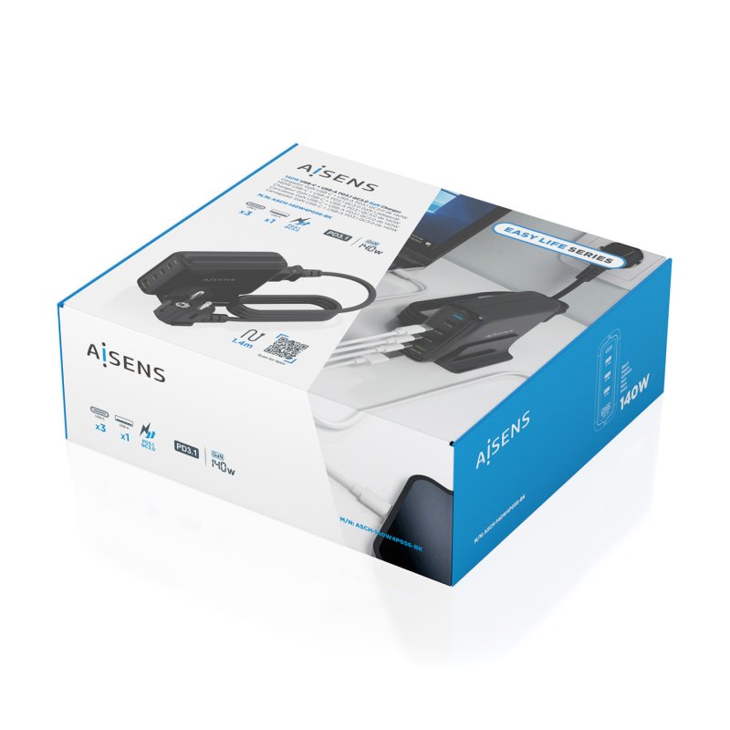 CARGADOR GAN AISENS SOBREMESA 140W 3XUSB-C PD3.1 QC4.0 QC5.0 USB-A QC3.0