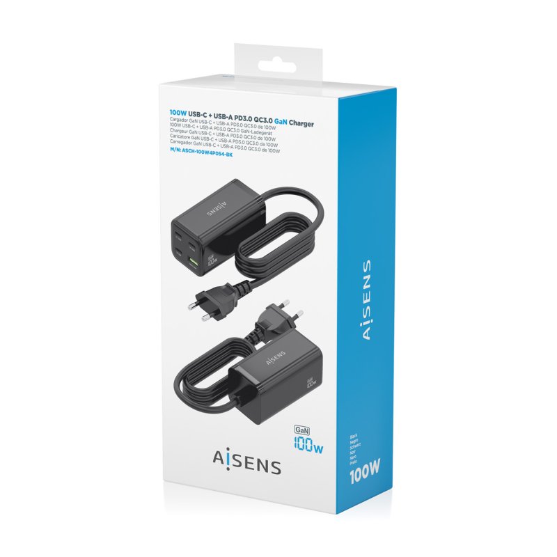 AISENS ASCH-100W4P054-BK chargeur d'appareils mobiles Universel Noir Secteur Charge rapide Intérieure