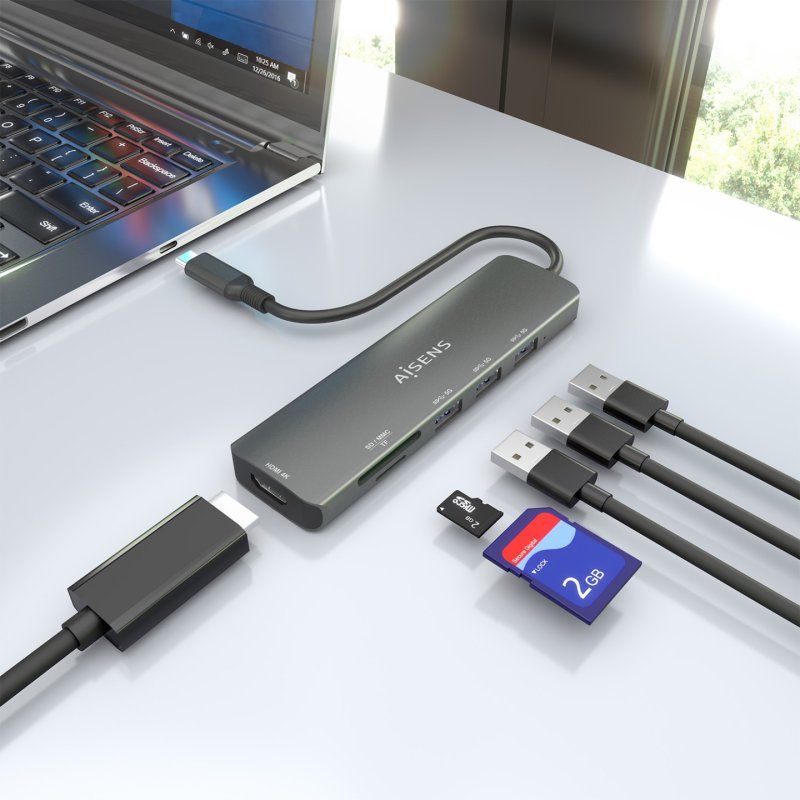 USB-C DOCK AISENS 6 EN 1 USB-C A 1XHDMI 3XUSB-A 1XSD 1XMICRO SD 15CM