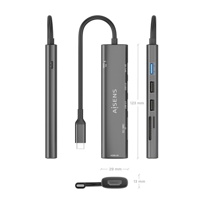 USB-C DOCK AISENS 7 EN 1 USB-C A HDMI 2XUSB-A USB-A PD 100W SD MICRO SD