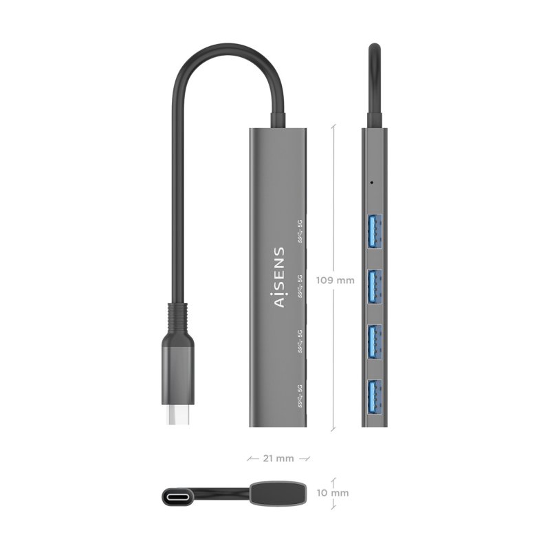 HUB AISENS USB 3.1 USB-C USB-C/M-4XTIPO A/H GRIS 15CM