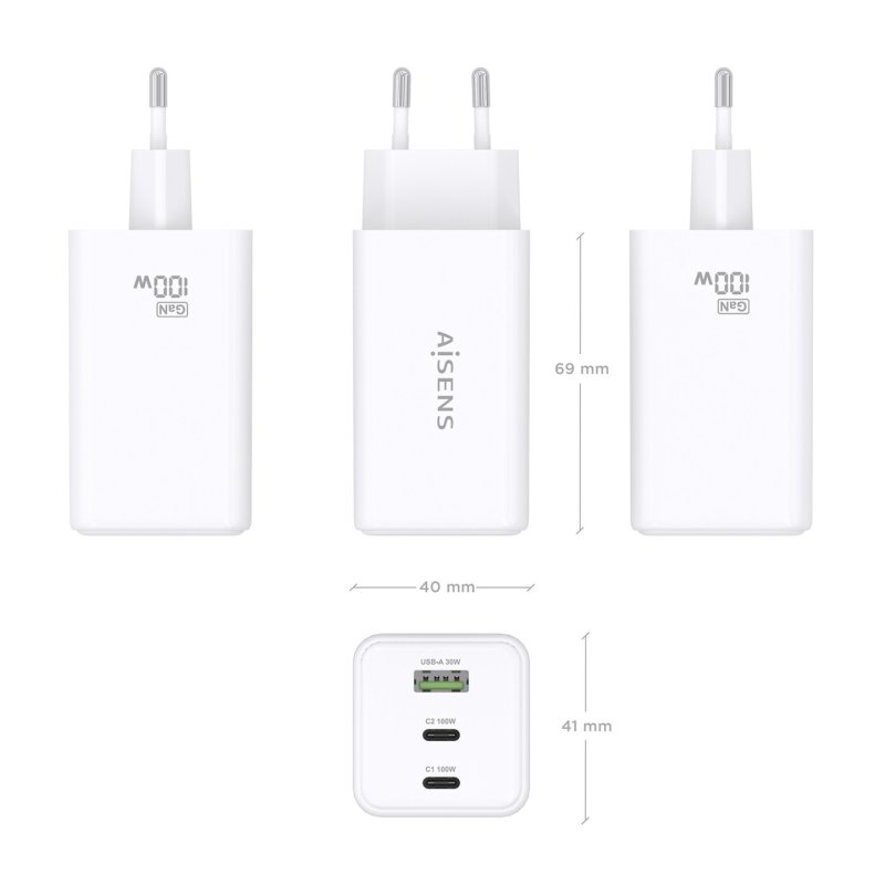 CARGADOR GAN AISENS 100W 2XUSB-C PD3.0 QC4.0 QC5.0 1XUSB-A QC3.0