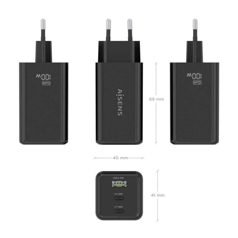 AISENS ASCH-100W3P052-BK mobile device charger Universal Black AC Fast charging Indoor