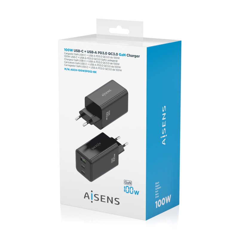 CARGADOR GAN AISENS 100W 2XUSB-C PD3.0 QC4.0 QC5.0 1XUSB-A QC3.0
