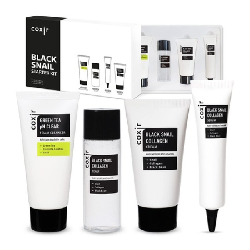 [coxir] Black Snail Collagen Starter Kit Foam Cleanser Toner Serum Cream Black-3-Complex: Black Rice, Bean, Sesame,