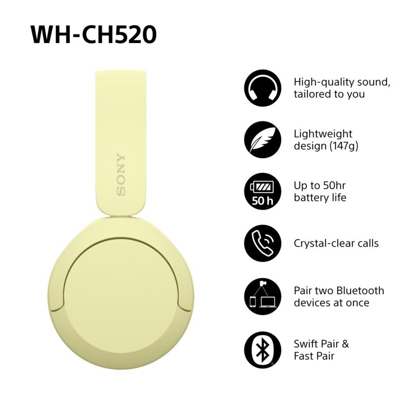 Sony WHCH520Y.CE7 écouteur/casque Sans fil Arceau Appels/Musique USB Type-C Bluetooth Jaune