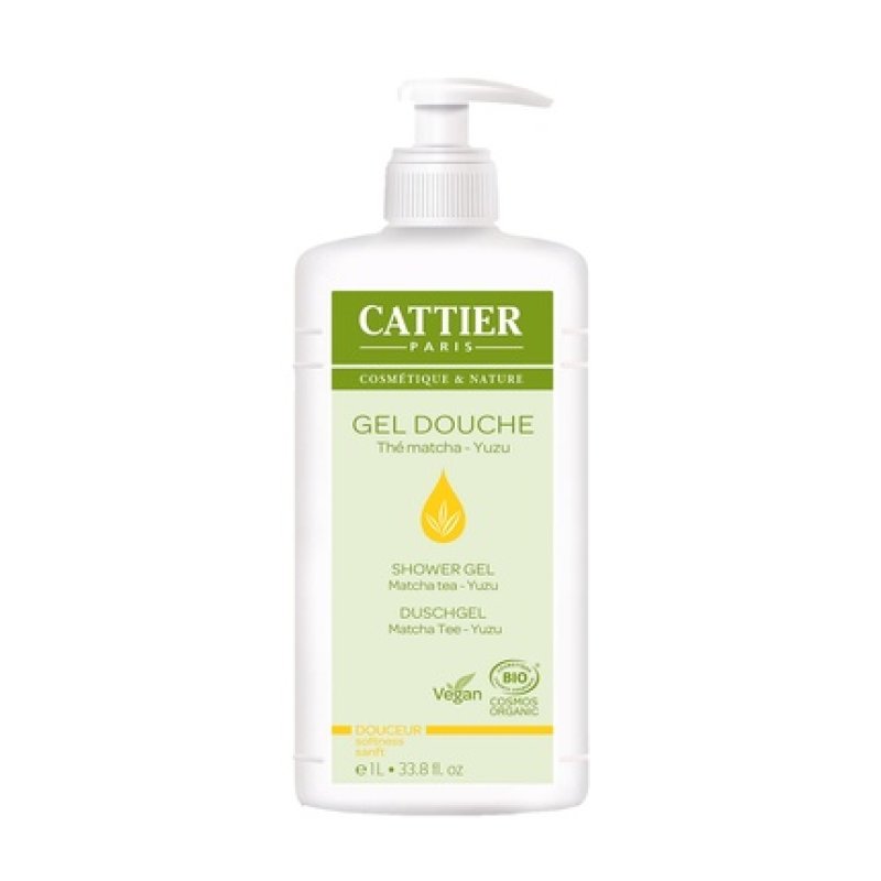 Cattier Paris Matcha Tea & Yuzu Shower Gel Family Size with Pump Dispenser Certified Natural Cosmetics
