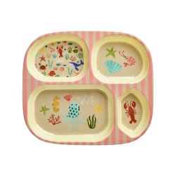 Rice - Melamine Kids 4 Room Plate - Coral Ocean Print - Coral