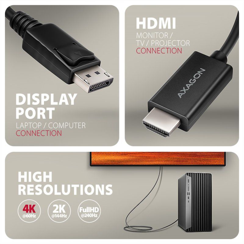 Axagon RVD-HI20C2 câble vidéo et adaptateur 1,8 m DisplayPort HDMI Noir