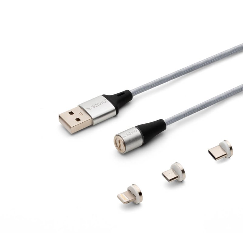 Savio CL-156 câble USB USB 2.0 2 m USB A USB C/Micro-USB B/Lightning Argent