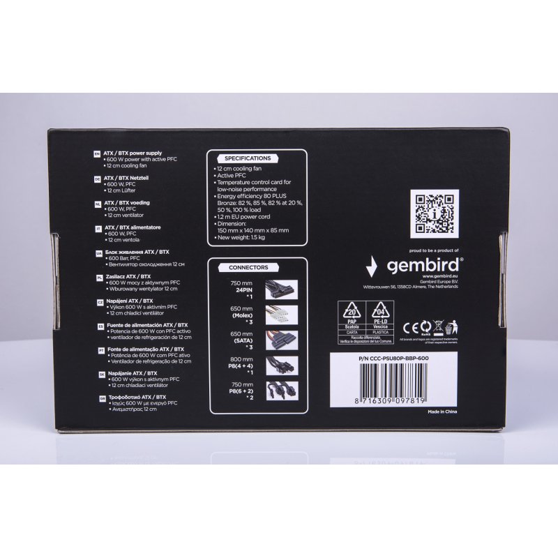 Gembird CCC-PSU80P-BBP-600 power supply unit 600 W 24-pin ATX ATX Black