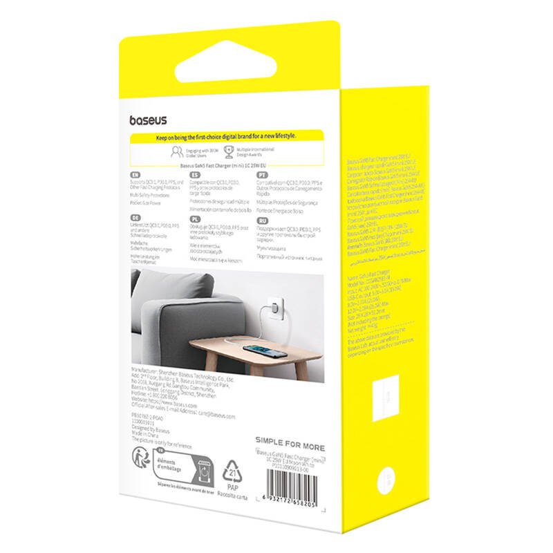 Baseus P10110909213-00 USB-C GaN5 mini 25W mains charger White