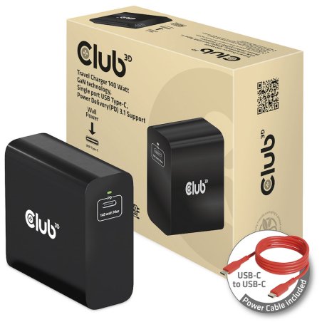 Club 3D Ladegerät 140 Watt GaN-Technologie, Einzelanschluss USB Typ-C, Power Delivery (PD) 3.1 Unter