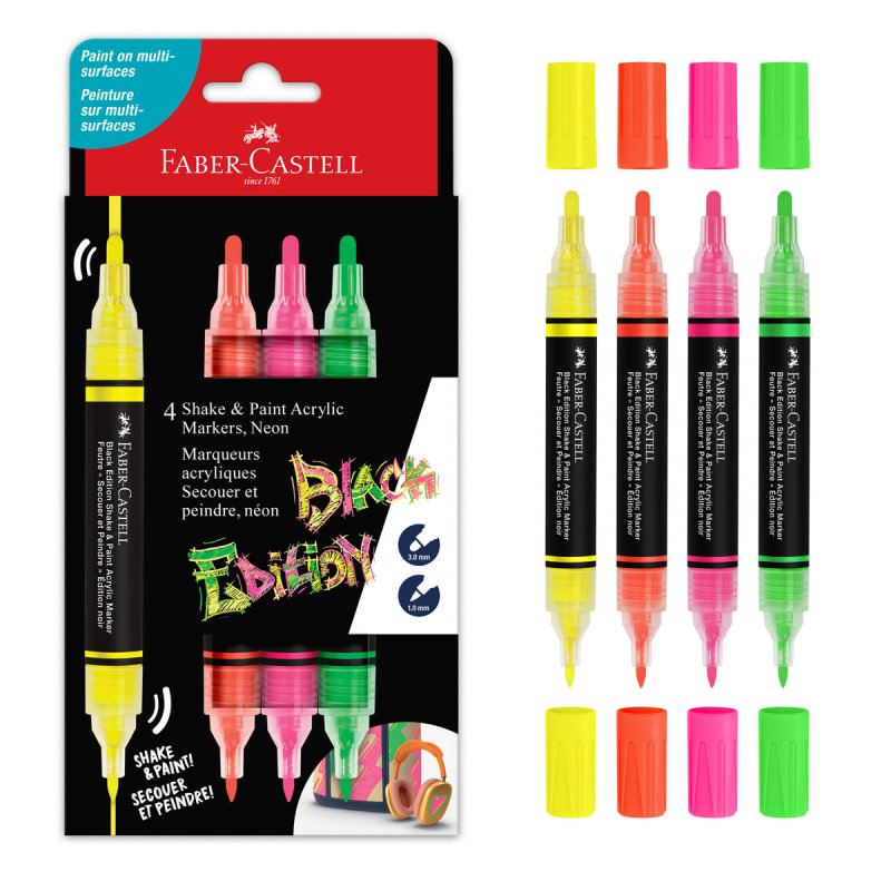 Faber-Castell - Black Edition Shake & Paint Acrylic Markers Set of 4 (Neon Colours) (285505)