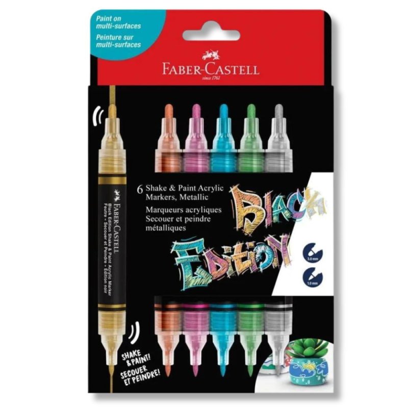 Faber-Castell - Black Edition Shake & Paint Acrylic Markers Set of 6 (Metallic Colours) (285517)