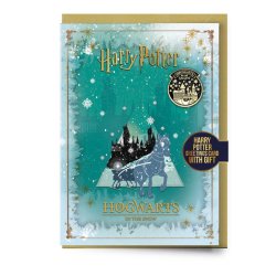 HARRY POTTER - Poudlard sous la Neige - Carte de Voeux avec Pin's