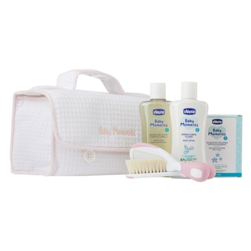 Chicco Baby Moments Set - 200ml Body Wash, 200ml Body Lotion, 100ml Perfume, Brush, And Cosmetic Bag