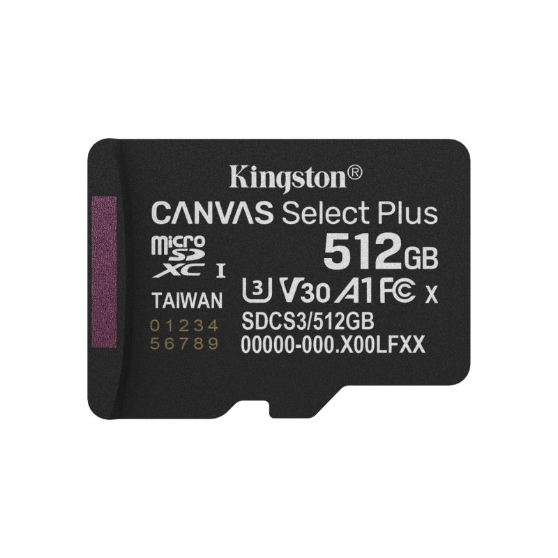 Kingston 512GB Canvas Select Plus Gen3 MicroSDXC Card with SD Adapter, UHS-I Class 10, U3, V30, A1 App Performance,