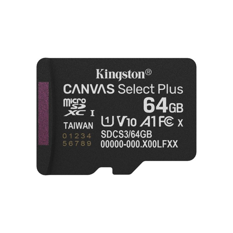Kingston 64GB Canvas Select Plus Gen3 MicroSDXC Card with SD Adapter, UHS-I Class 10, U1, V10, A1 App Performance,