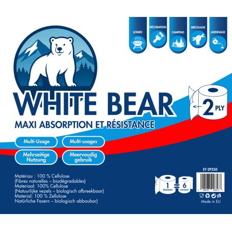 WhiteBear ET-2P250: Pack of 6 Unscented 2-Ply Biodegradable Multi-Purpose Cellulose Paper Towel Roll