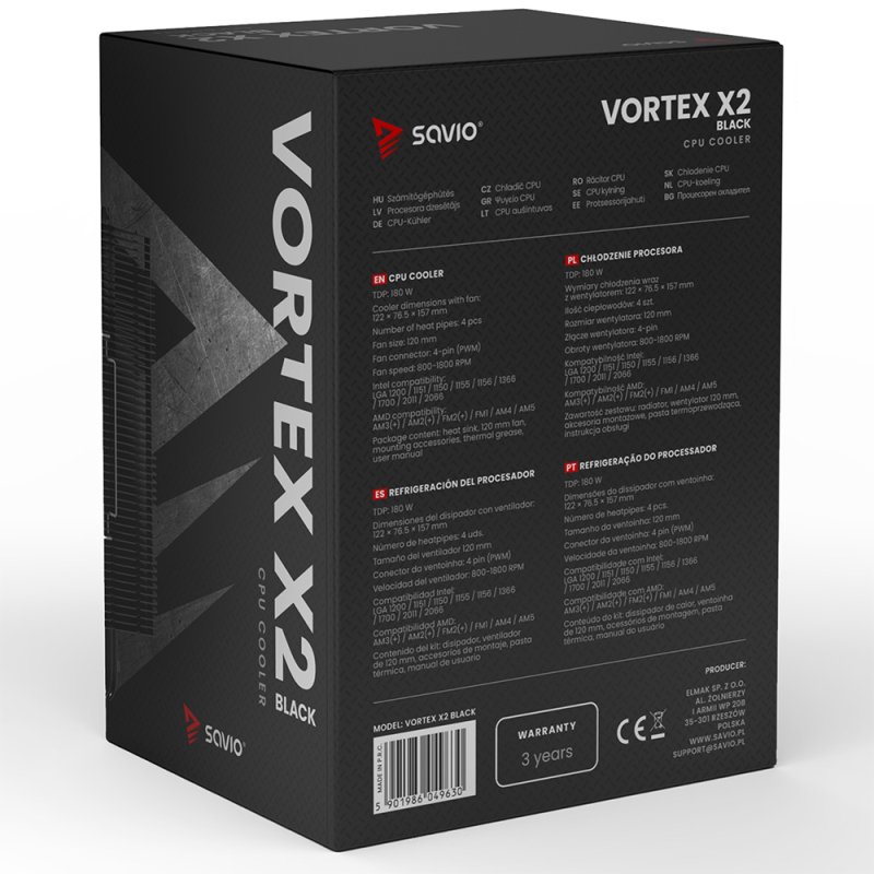 Savio Vortex x2 Black Carte-mère Refroidisseur d'air 12 cm Noir 1 pièce(s)