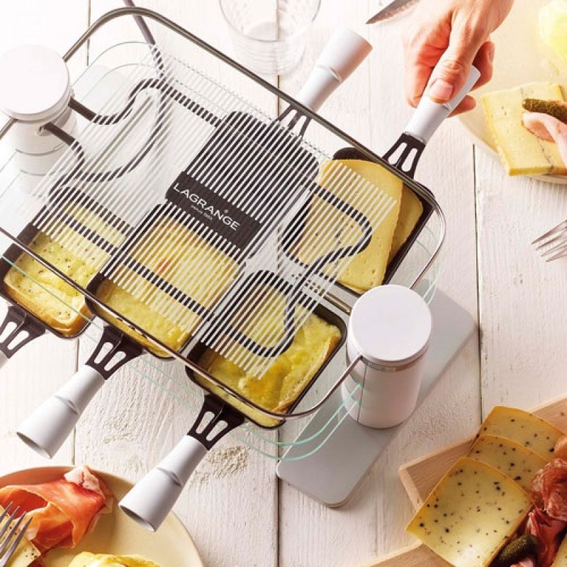 RACLETTE TRANSPARENCE 6 PERS VERRE TREMPE BLANC GRIS *