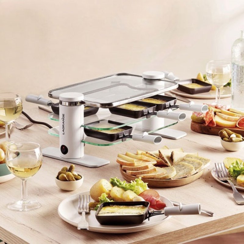 RACLETTE TRANSPARENCE 6 PERS VERRE TREMPE BLANC GRIS *