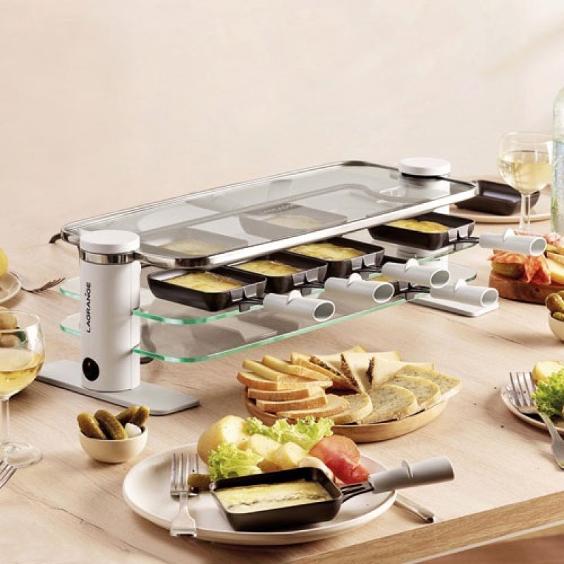 RACLETTE TRANSPARENCE 8 PERS 3 PLATEAUX VERRE TREMPE BLANC GRIS *