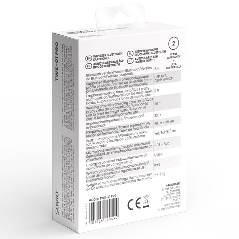 Savio TWS-01 PRO écouteur/casque Écouteurs Sans fil Ecouteurs Musique/Quotidien Bluetooth Blanc