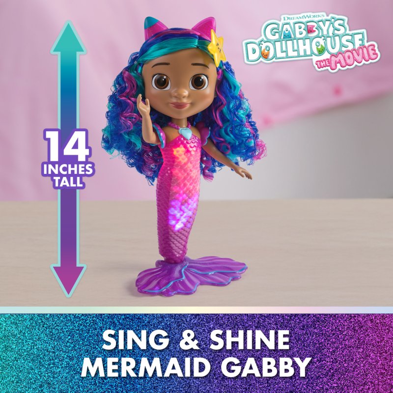Gabby's Dollhouse: The Movie, Sing & Shine Mermaid Gabby, Waterproof Mermaid Doll with Lights & Sounds, Kids Toys for