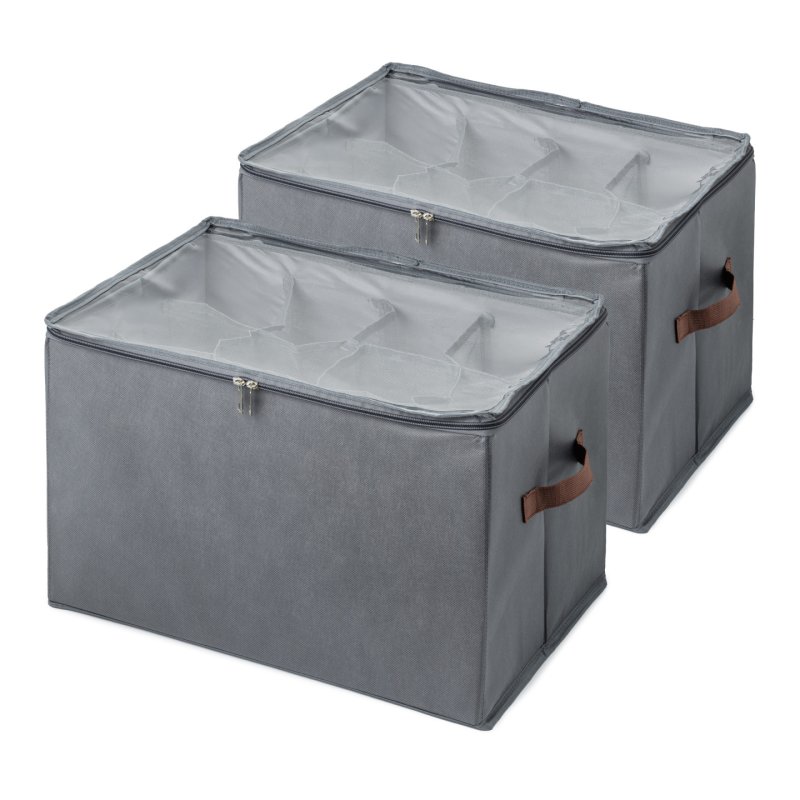 Scandinavian Collection - Shoe Storage Box – Set of 2 - Dark grey with brown handles - 43 × 32 × 30 cm