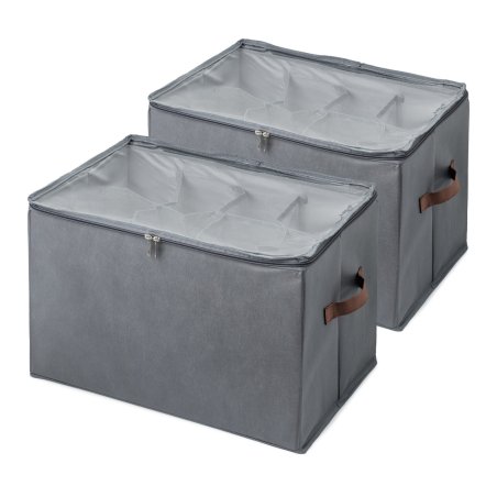 Scandinavian Collection - Shoe Storage Box – Set of 2 - Dark grey with brown handles - 43 × 32 × 30 cm