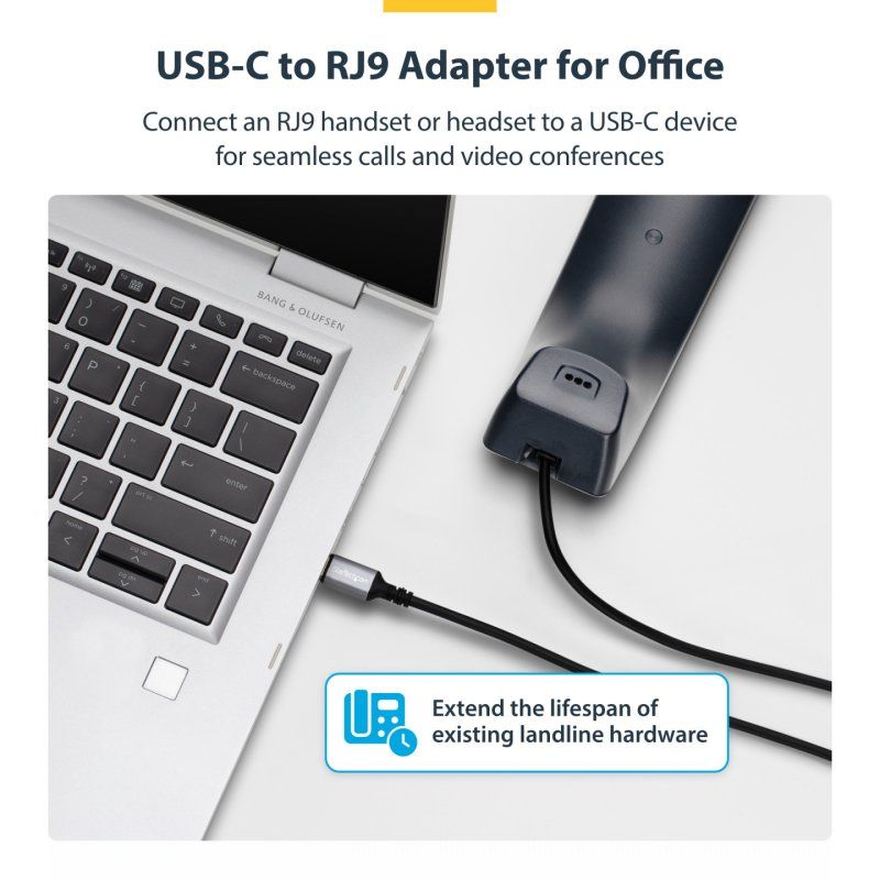 StarTech.com Adaptateur USB-C vers RJ9 pour Combiné Téléphonique de Bureau ou Casque Filaire/Sans Fil, Utilise le