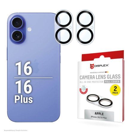 Displex Full Cover Camera Lens Glass iPhone 16/16 Plus, 10H, Full Camera Protector, Quick Mount, 2-Pack