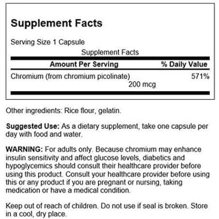 Swanson Chromium Picolinate Natural Supplement Promoting Metabolism & Weight Management 200 Capsules 200mcg