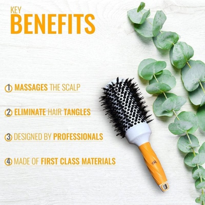 GK HAIR Global Keratin Thermal Extra Round Hair Brush 43mm for Blow Drying with Boar Bristles - Ideal for Detangling,