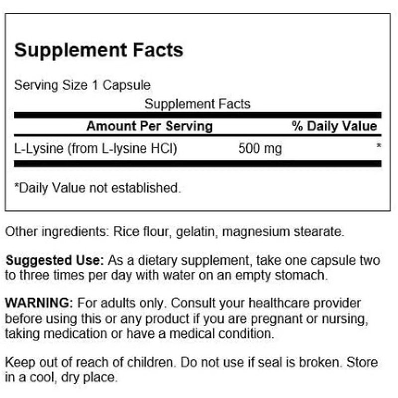 L-Lysine 500mg Free-Form 300 Capsules