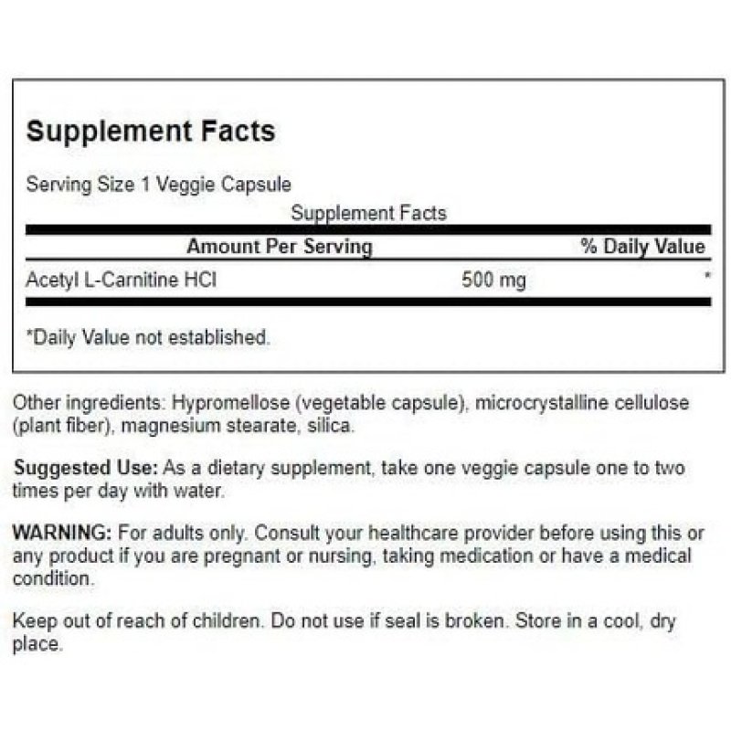 Swanson Acetyl-L-Carnitine Amino Acid Supplement Promoting Cognitive Health & Muscle Support 100 Veggie Capsules