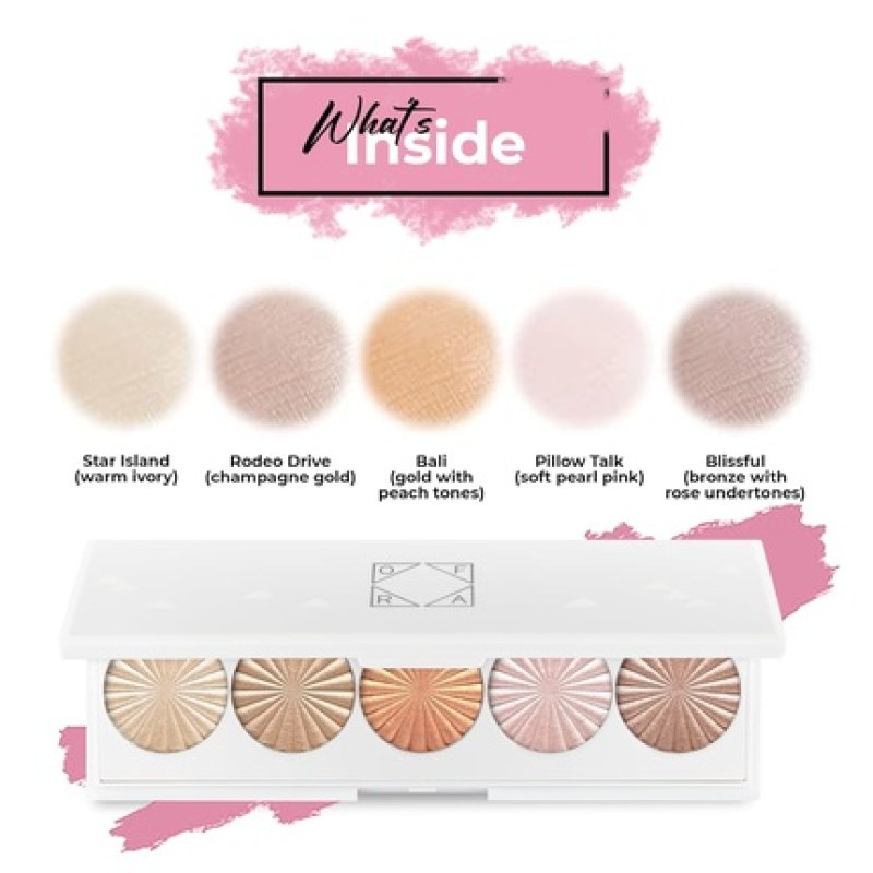 Ofra Cosmetics Ofraglow Signature Palette 5 Color Highlighter Palette with Mirror for Face Cheeks Eyes Illuminating