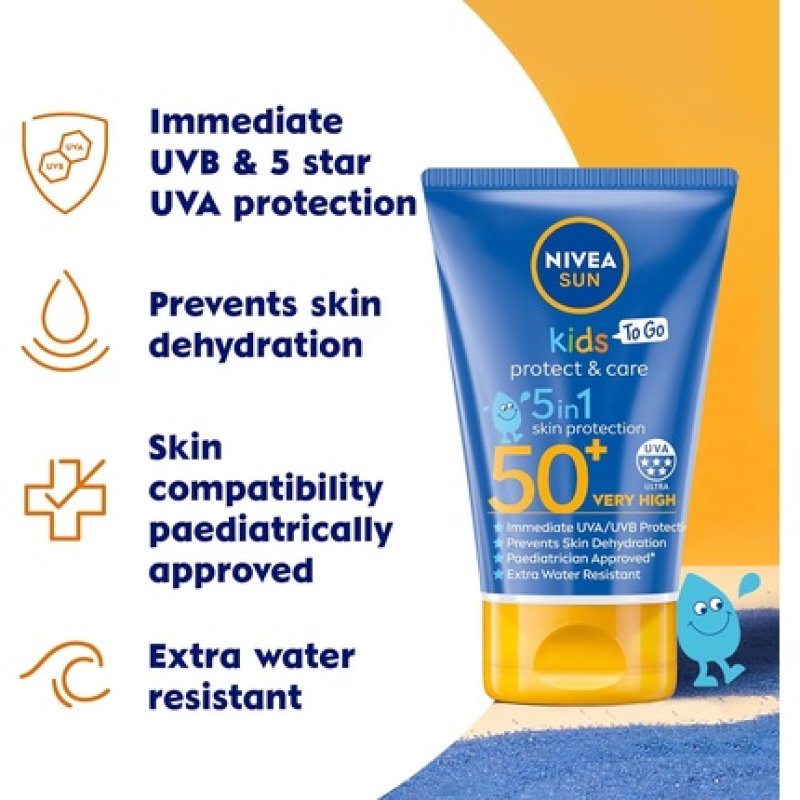 NIVEA SUN Kids Protect and Care SPF 50 To Go Lotion 50ml Water-Resistant Sunscreen Kids Sun Cream Provides Highly