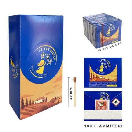 Fiammiferi Familiari Le Tre Stelle Matchsticks 100 Pack Of 50 Pieces