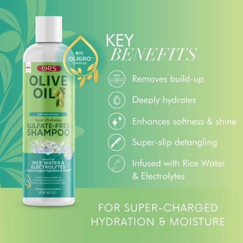 ORS Olive Oil Max Moisture Super Hydrating Sulfate-Free Shampoo with Rice Water and Electrolytes 473ml 16 oz