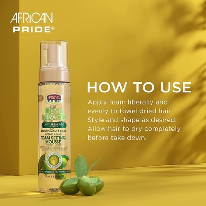 African Pride Olive Miracle Finish & Style Regimen Non-Flaking Foam Setting Hair Mousse, Growth Sheen Spray & 7-IN-1
