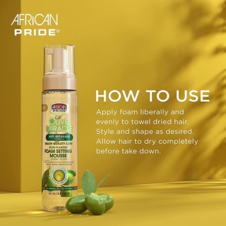 African Pride Olive Miracle Finish & Style Regimen Non-Flaking Foam Setting Hair Mousse, Growth Sheen Spray & 7-IN-1
